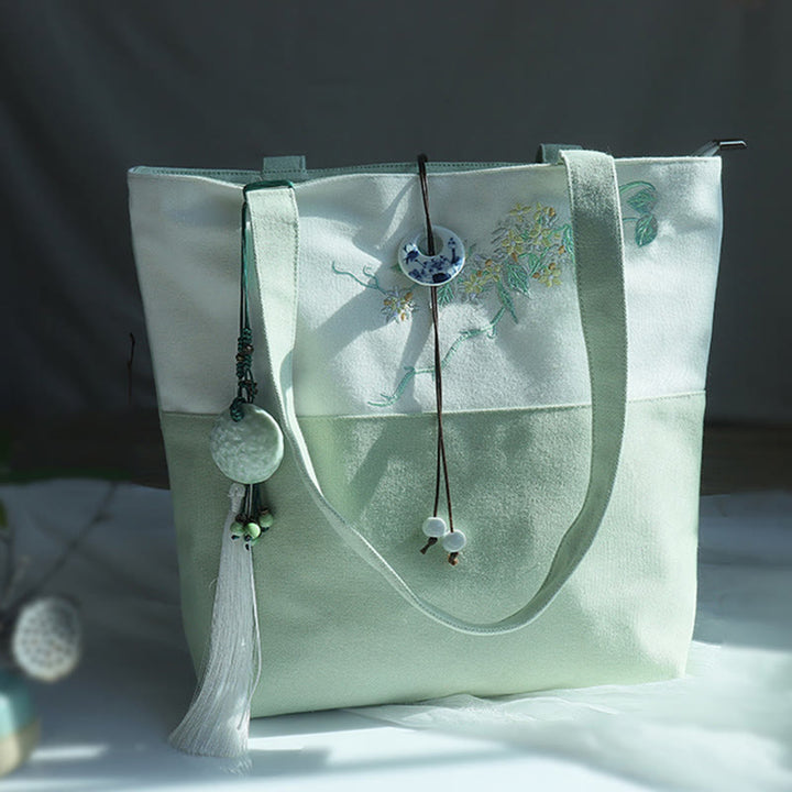 Borsa a tracolla grande capacità in tela con ricamo in bambù, prugna, fiore di pera, pesco - image 36