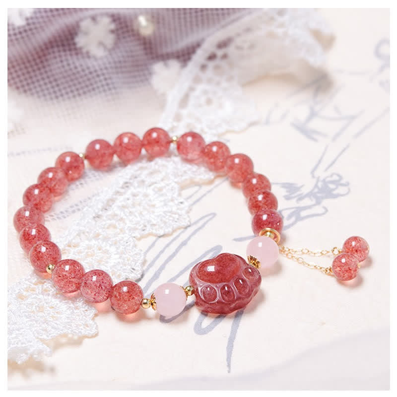 Braccialetto dell'amore con zampa di gatto portafortuna in cristallo rosa e quarzo fragola naturale Buddha Stones - image 1