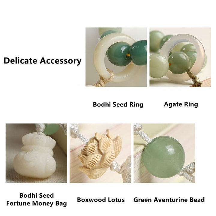 Buddha Stones Naturale Gradiente Bodhi Seed Fortuna Sacchetto di Denaro Loto Saggezza Nappa Polso Mala