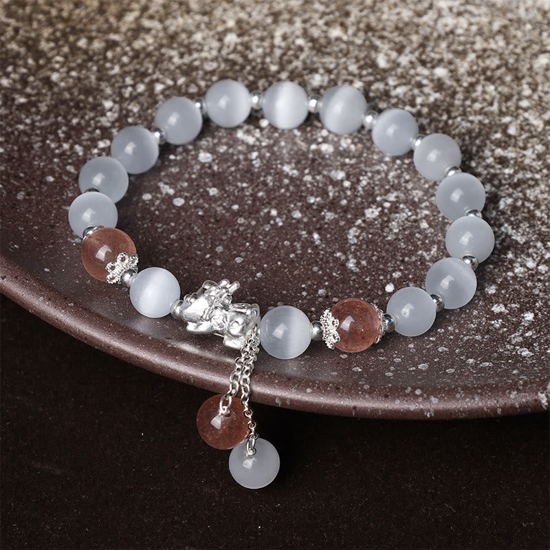 Braccialetto di supporto PiXiu in quarzo fragola con pietra lunare naturale occhio di gatto Buddha Stones