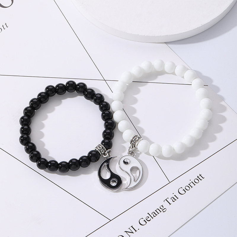 Buddha Stones 2 pezzi Braccialetto di coppia di protezione Yin Yang con perline di turchese bianco e onice nero