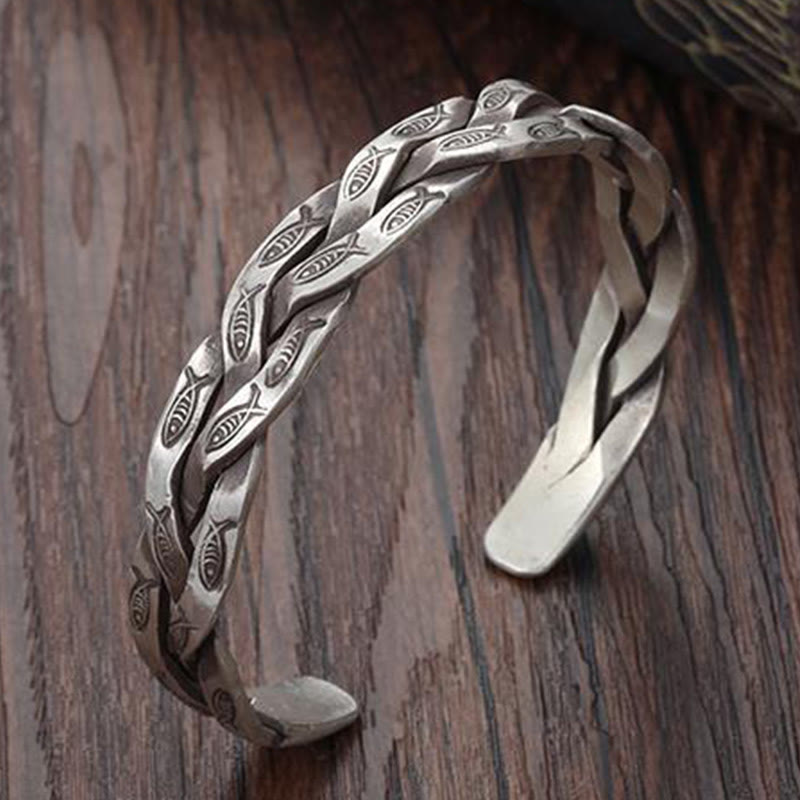 Bracciale rigido con Buddha Stones pesce koi con design intrecciato, fortuna e ricchezza