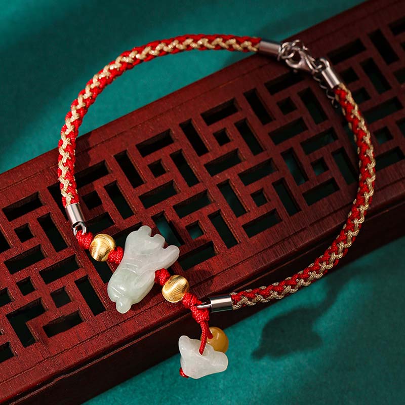 Buddha Stones Braccialetto/cavigliera con cordino rosso e giada dello zodiaco cinese, simbolo di prosperità. - Tigre (Bracciale/Cavigliera, misura 19,5+4 cm) - image 6