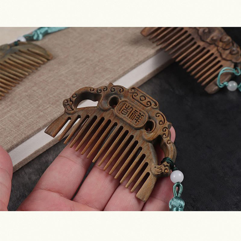 Pettine con nappa di cura inciso a forma di fiore di peonia volpe sandalo verde