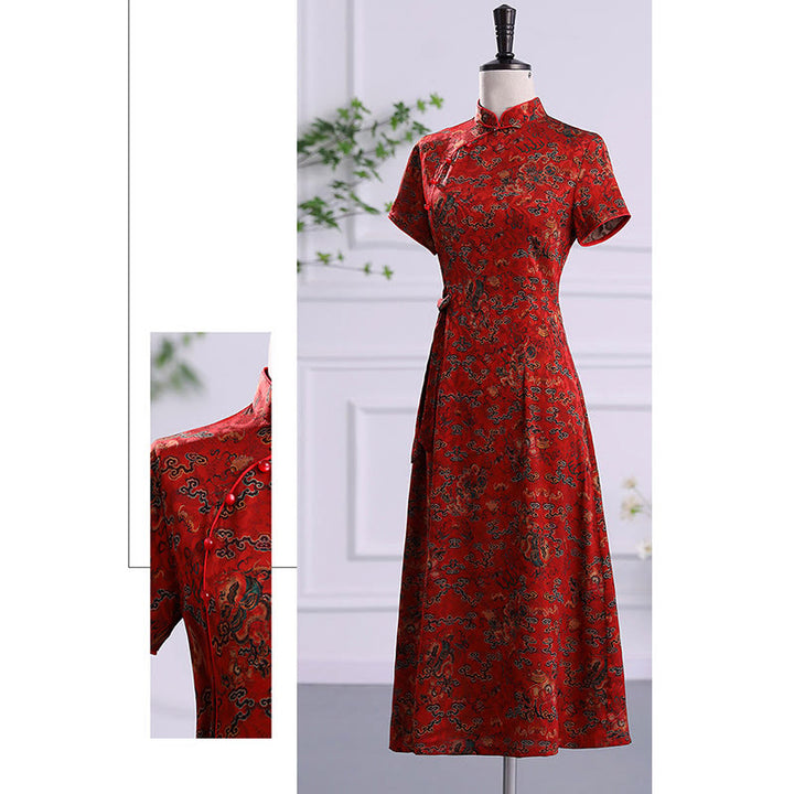 Abito da donna in cheongsam con stampa di foglie e nuvole di buon Buddha Stones vintage, abito da donna in qipao - image 9