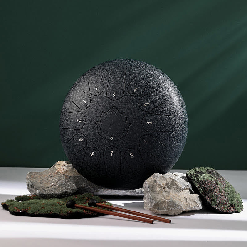 Buddha Stones Steel Tongue Drum Sound Healing Mindfulness Lotus Pattern Yoga Drum Kit 13 Note 12 Pollici Strumento a percussione