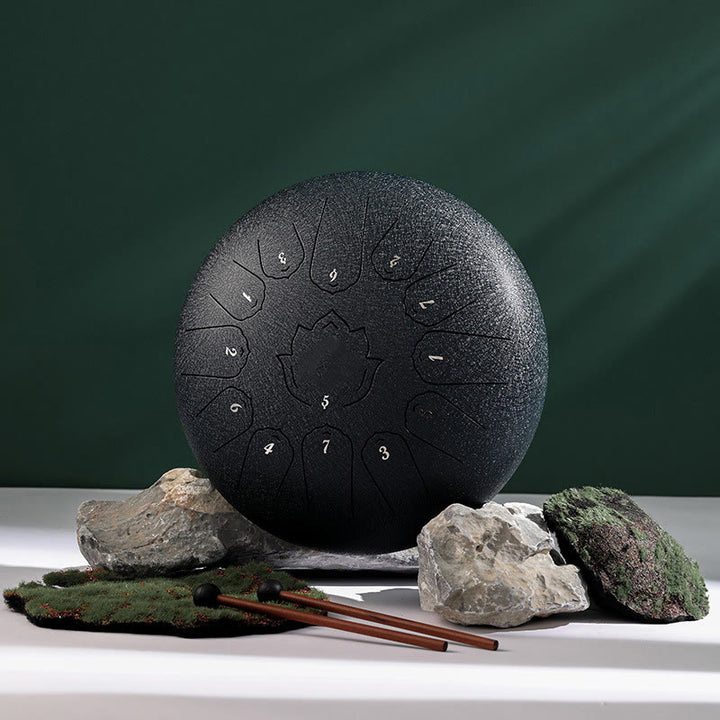 Buddha Stones Steel Tongue Drum Sound Healing Mindfulness Lotus Pattern Yoga Drum Kit 13 Note 12 Pollici Strumento a percussione