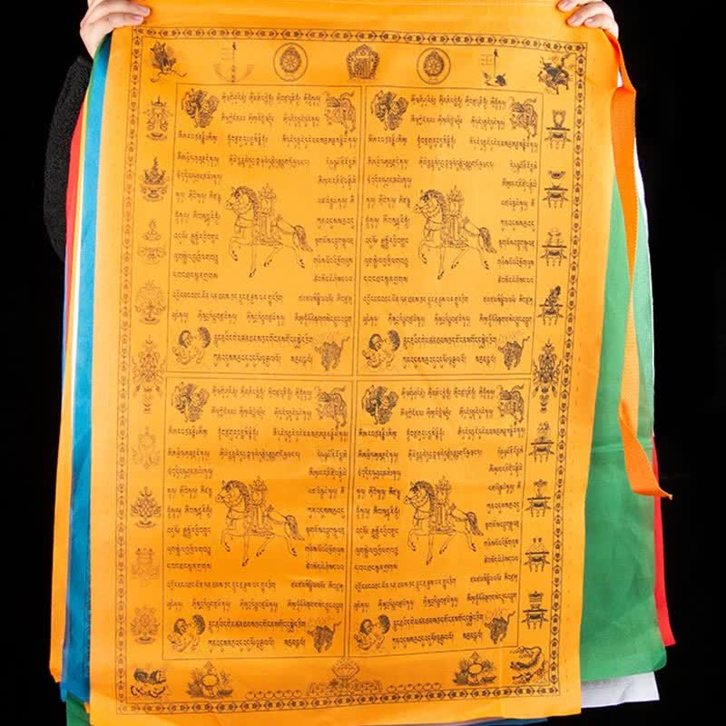 Buddha Stones Bandiera tibetana a 5 colori con cavallo a vento, simbolo di felicità e buon auspicio per la preghiera all'aperto. - image 3