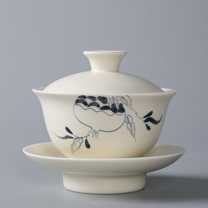 Buddha Stones dipinto a mano melograno ibisco pino loto ceramica gaiwan sancai tazza da tè kung fu tazza da tè e piattino con coperchio