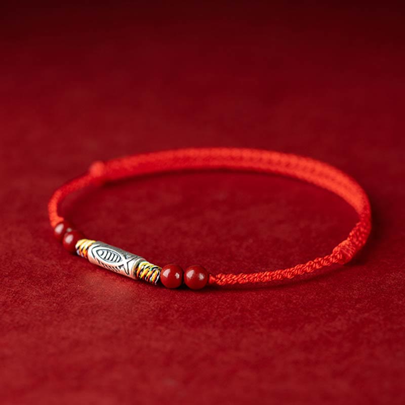 Buddha Stones 925 Sterling Silver Koi Fish Cinnabar Bead Wealth Braccialetto intrecciato artigianale Cavigliera - image 3