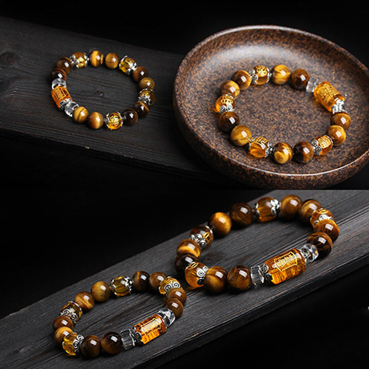 Braccialetto della fortuna e della prosperità con perline di occhio di tigre e Buddha Stones