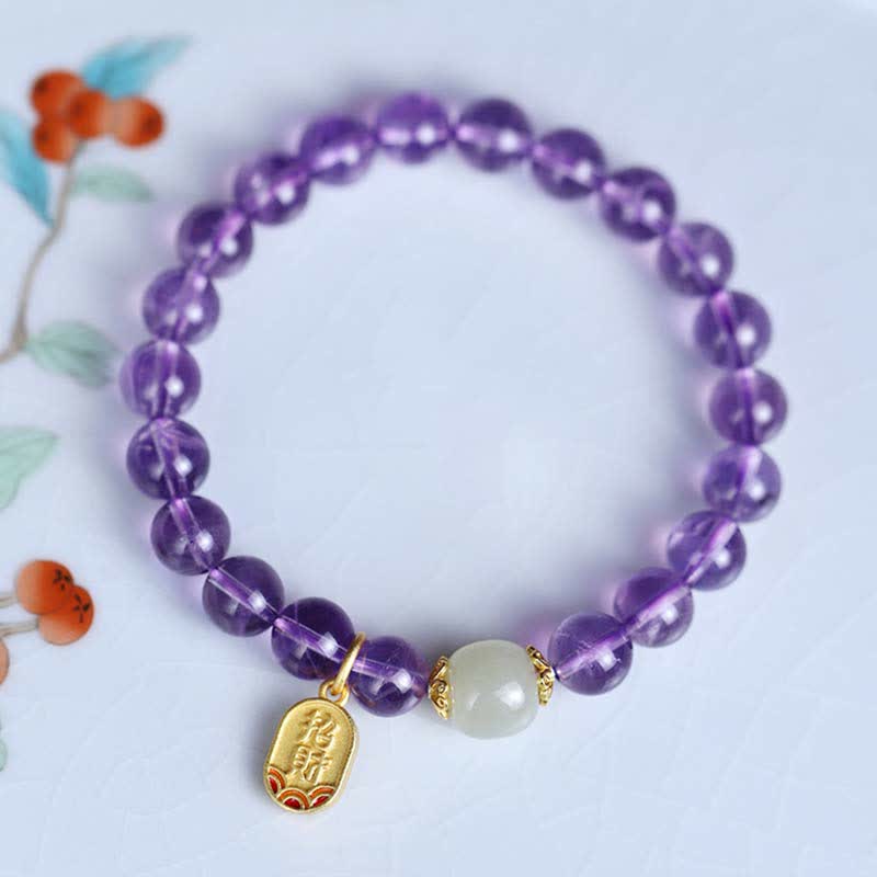 Braccialetto con ciondolo curativo in giada Hetian con cristallo di ametista naturale Buddha Stones