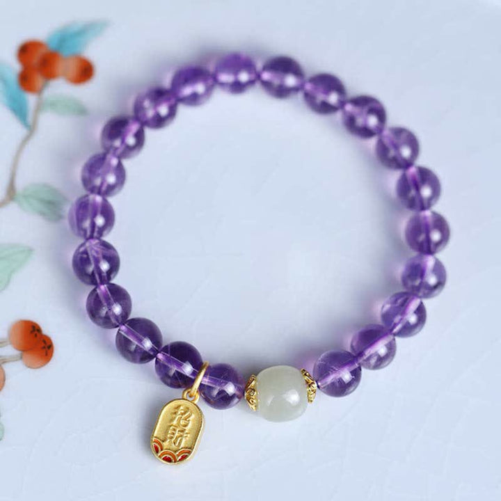 Braccialetto con ciondolo curativo in giada Hetian con cristallo di ametista naturale Buddha Stones