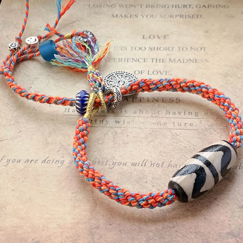 Braccialetto di protezione intrecciato con perline Dzi fatte a mano in argento sterling 925 tibetano Om Mani Padme Hum