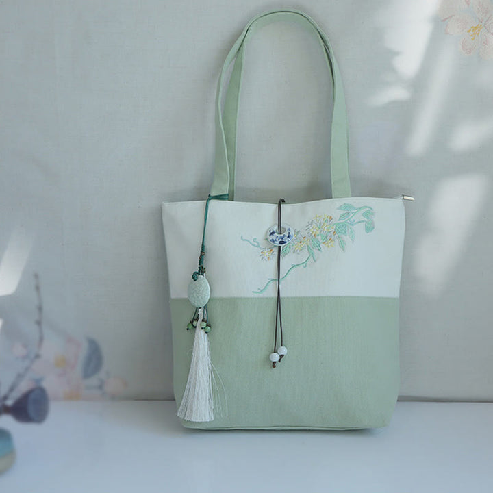 Borsa a tracolla grande capacità in tela con ricamo in bambù, prugna, fiore di pera, pesco - image 38