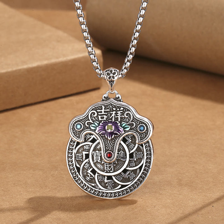 Buddha Stones , fiore di peonia, monete di rame, collana con ciondolo della ricchezza