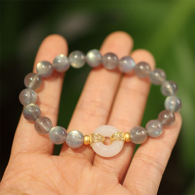 Braccialetto di guarigione con fibbia della pace in giada Heitan, pietra di luna naturale Buddha Stones