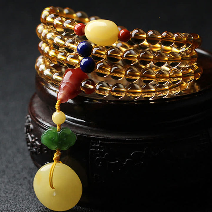 Braccialetto con ciondolo di protezione PiXiu, 108 perle di Mala, ambra citrino naturale, fibbia della pace, agata rossa - Citrino e ambra - image 0