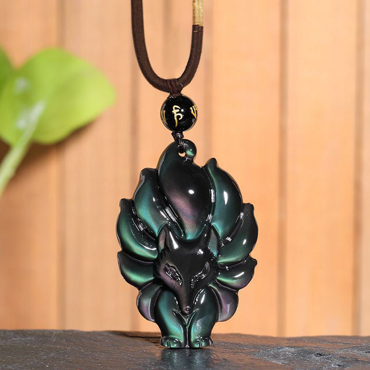 Buddha Stones Ossidiana naturale arcobaleno Oro lucentezza Ossidiana Volpe a nove code Collana pendente positivo - Volpe a nove code in ossidiana arcobaleno - image 0