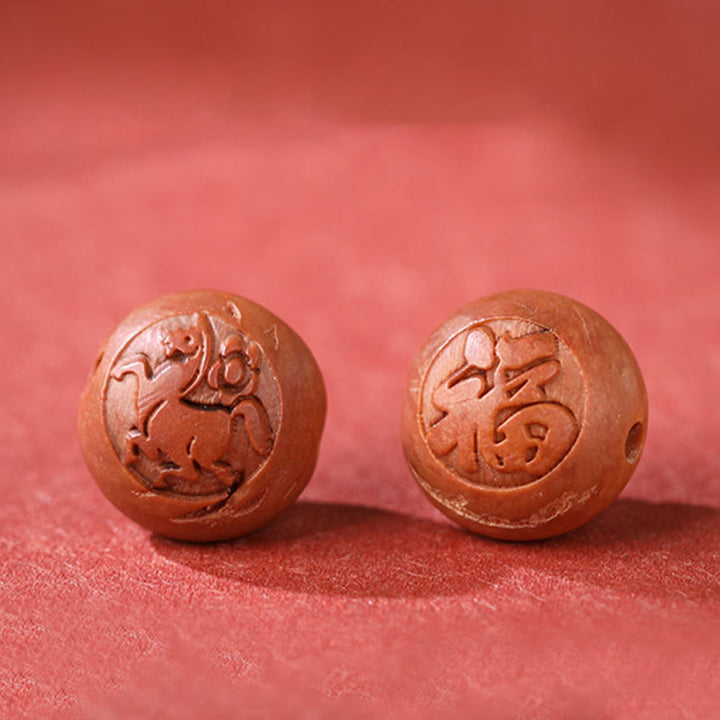 Braccialetto della ricchezza in cinabro intagliato con carattere dello zodiaco cinese Fu in legno di pesca naturale Buddha Stones - image 21