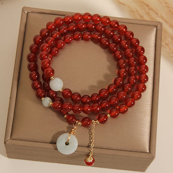 Braccialetto triplo giro con fibbia della pace in agata rossa naturale Buddha Stones Jade Peace