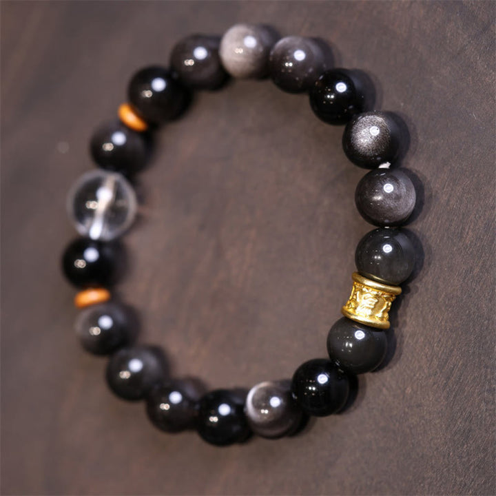 Braccialetto di protezione con perline di cristallo di ossidiana lucida in argento naturale Buddha Stones Om Mani Padme Hum