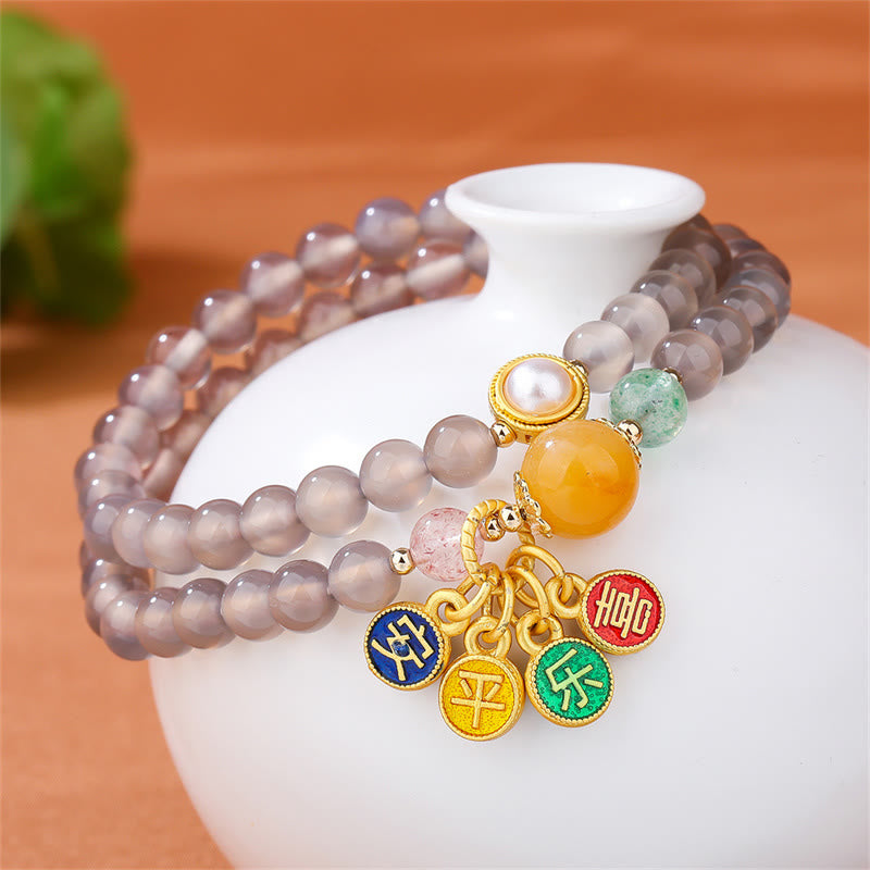 Braccialetto doppio giro Buddha Stones Natural Grey Agate Peace And Joy Charm Balance