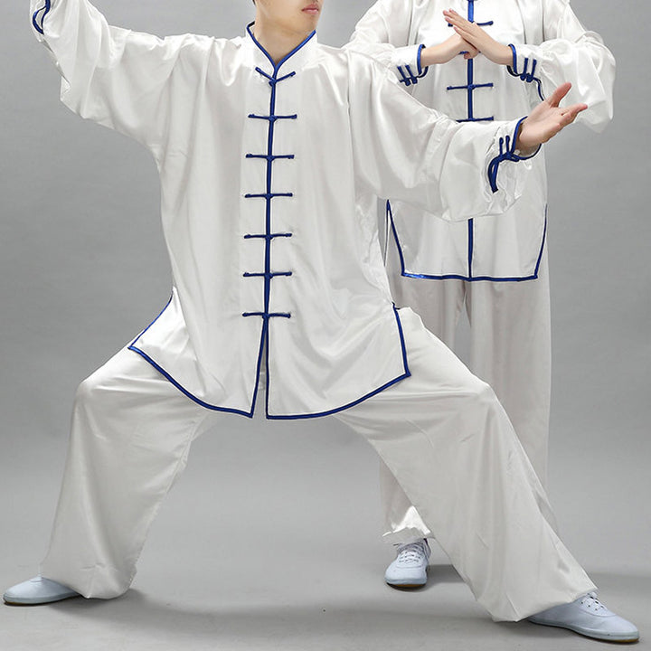 Buddha Stones Modello semplice Meditazione Preghiera Spirituale Zen Tai Chi Qigong Pratica Set di abbigliamento unisex - Bordo bianco e blu - 3XL- ADATTO A USA/ UK/AU/ EU- 2XL - image 0