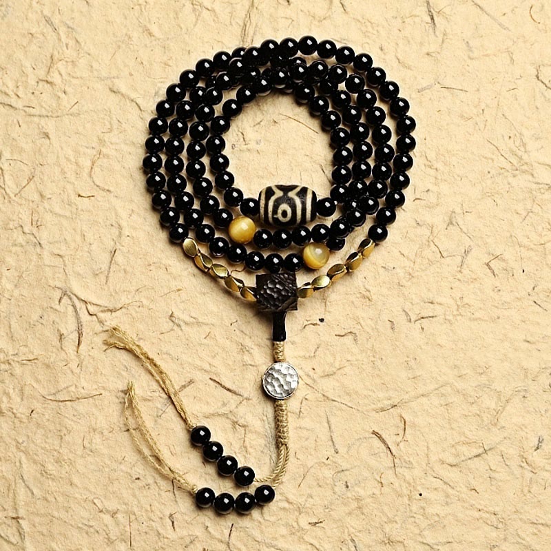 Buddha Stones Tibetano 108 Mala Beads Onice Nero Tre Occhi Dzi Beads Bracciale di Protezione - 8 mm - Onice Nero - image 11