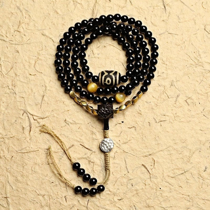 Buddha Stones Tibetano 108 Mala Beads Onice Nero Tre Occhi Dzi Beads Bracciale di Protezione - 8 mm - Onice Nero - image 11