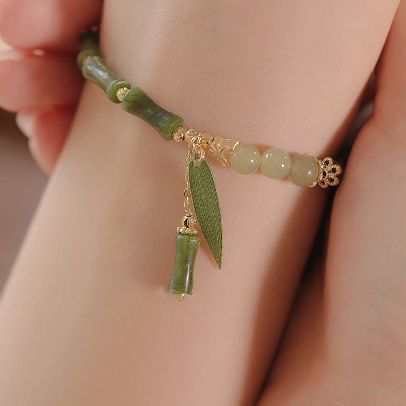 Braccialetto Buddha Stones Jade Bamboo Leaf Mughetto Modello Fortuna Abbondanza - image 2