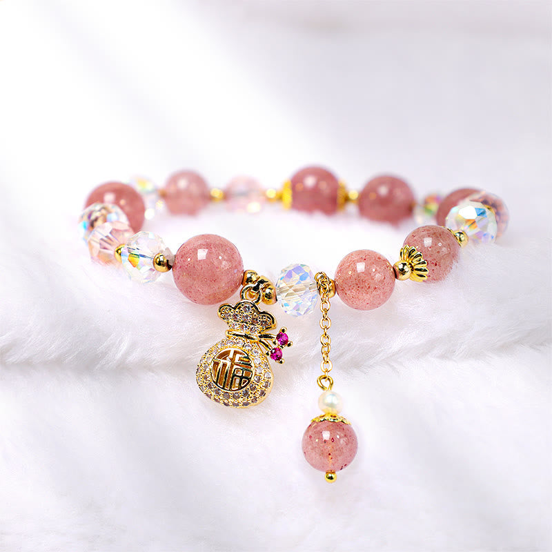 Braccialetto positivo con ciondolo a forma di sacchetto di denaro in cristallo di quarzo fragola naturale Buddha Stones
