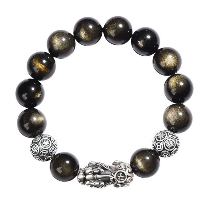 Braccialetto di protezione della ricchezza PiXiu in ossidiana naturale lucidata in argento sterling 925 Buddha Stones - image 7