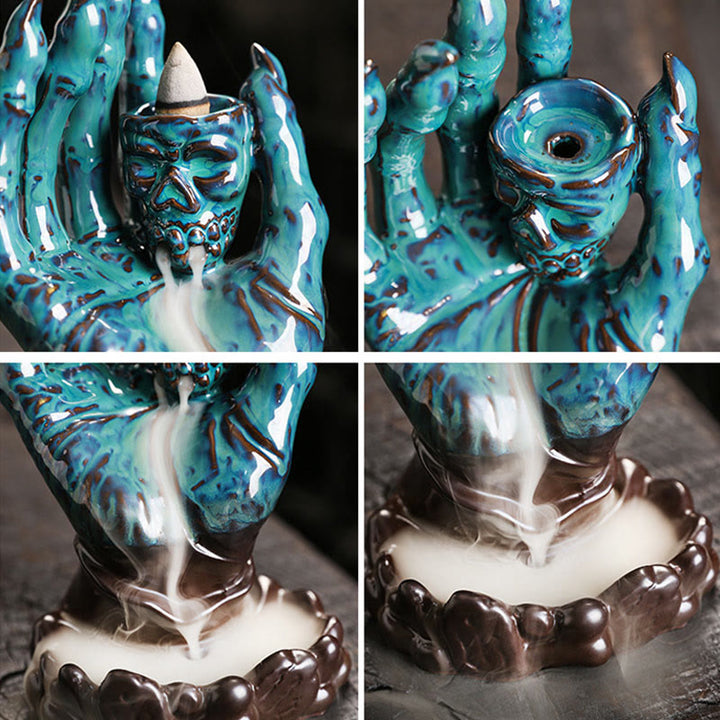 Buddha Stones Halloween Fantasma Mano Teschio Testa Ceramica Pace Guarigione Bruciatore di Incenso Decorazione