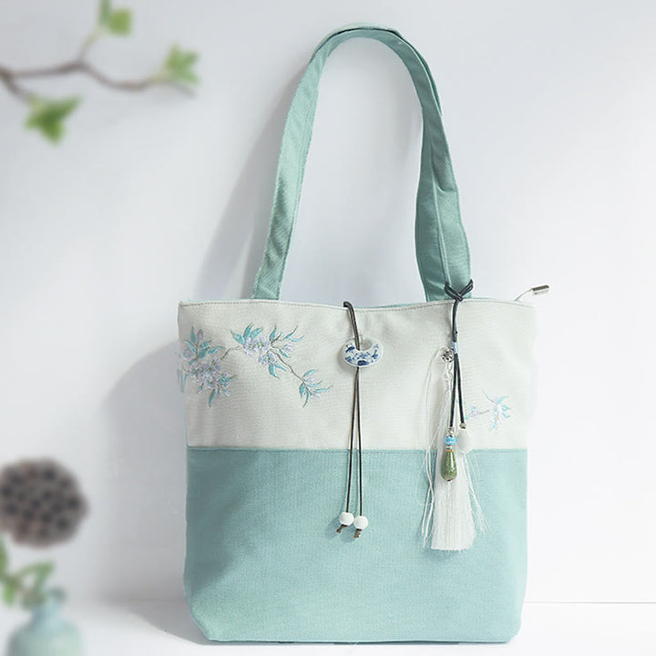 Borsa a tracolla grande capacità in tela con ricamo in bambù, prugna, fiore di pera, pesco - image 0
