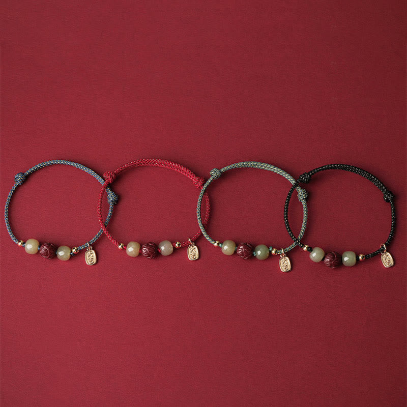 Braccialetto di corda artigianale Buddha Stones in giada Hetian placcato oro 14K, cinabro e loto portafortuna - image 13