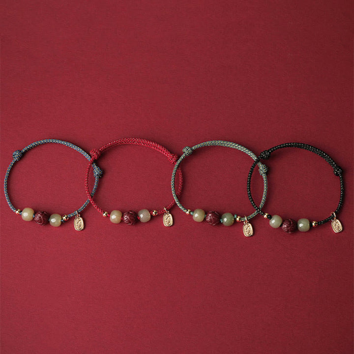 Braccialetto di corda artigianale Buddha Stones in giada Hetian placcato oro 14K, cinabro e loto portafortuna - image 13