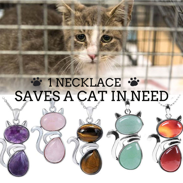 "Save A Cat" Collana con ciondolo amante dei gatti con motivo a gatto carino e protezione in cristallo naturale - image 1