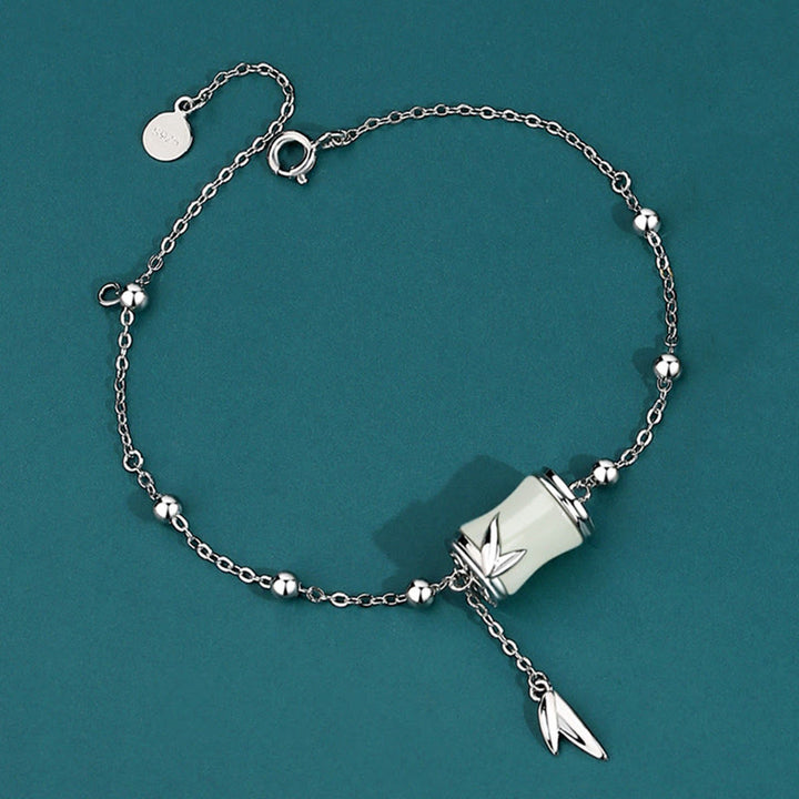 Buddha Stones 925 Sterling Silver 22K Oro Hetian Giada Bianca Foglia di Bambù Collana Pendente Bracciale Portafortuna - Argento Sterling 925 - Braccialetto - image 9