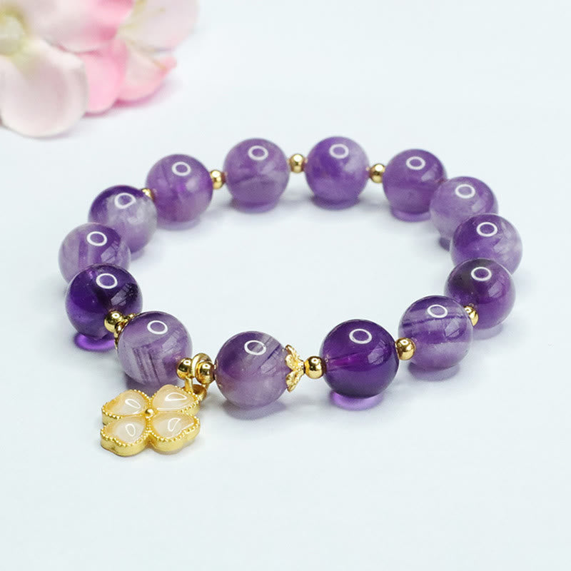 Bracciale con ciondolo a forma di quadrifoglio Buddha Stones, cristallo di ametista naturale e pace interiore