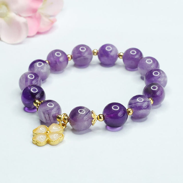 Bracciale con ciondolo a forma di quadrifoglio Buddha Stones, cristallo di ametista naturale e pace interiore