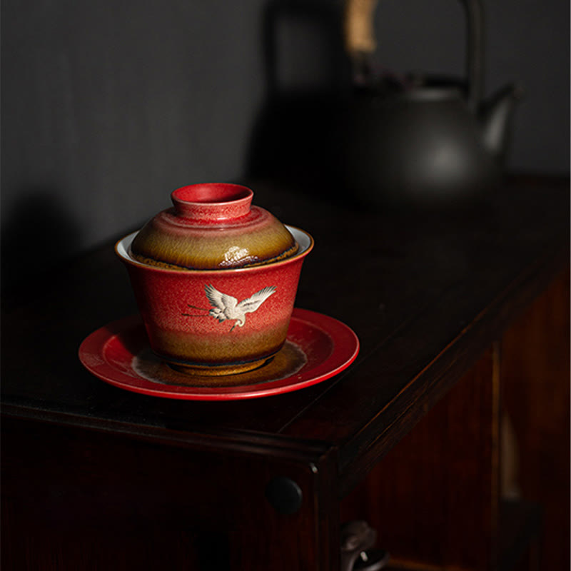 Buddha Stones Red Gru di buon auspicio Ceramica Gaiwan Sancai Tazza da tè Kung Fu Tazza da tè e piattino con coperchio