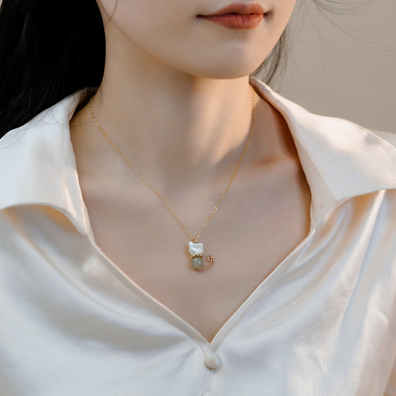 Buddha Stones 14K placcato oro perla Hetian giada conchiglia fortuna gatto gattino collana pendente - image 7