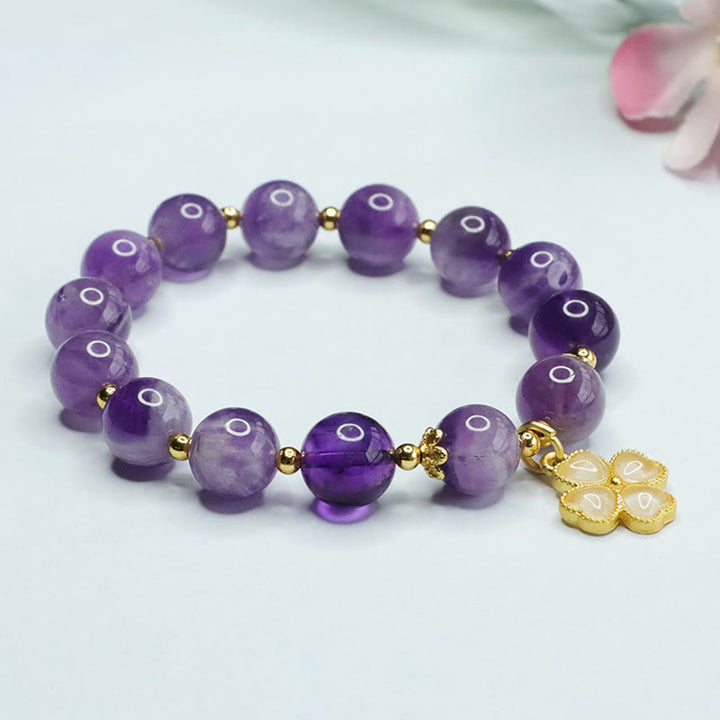 Bracciale con ciondolo a forma di quadrifoglio Buddha Stones, cristallo di ametista naturale e pace interiore