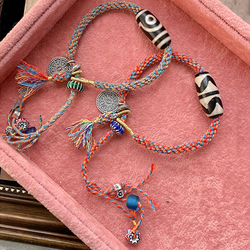 Braccialetto di protezione intrecciato con perline Dzi fatte a mano in argento sterling 925 tibetano Om Mani Padme Hum
