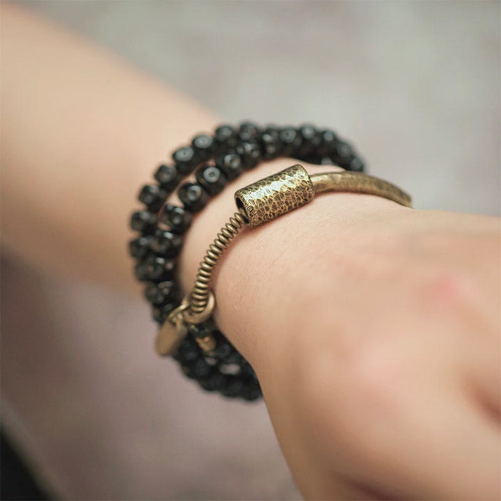 Bracciale triplo giro in ottone e rame con guscio di cocco retrò Buddha Stones - image 9