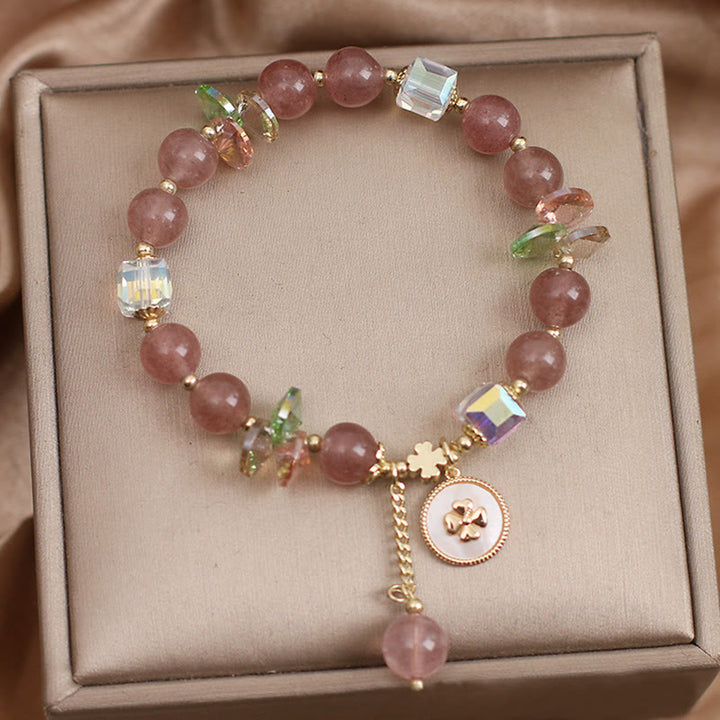 Braccialetto portafortuna con ciondolo curativo a forma di quadrifoglio fortunato in quarzo fragola Buddha Stones