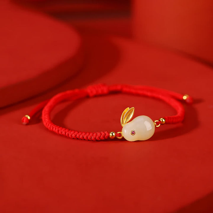 Braccialetto di protezione con corda rossa e giada bianca Hetian dell'anno del coniglio in argento sterling 925 Buddha Stones - image 5
