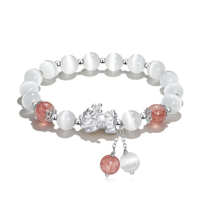 Braccialetto di supporto PiXiu in quarzo fragola con pietra lunare naturale occhio di gatto Buddha Stones