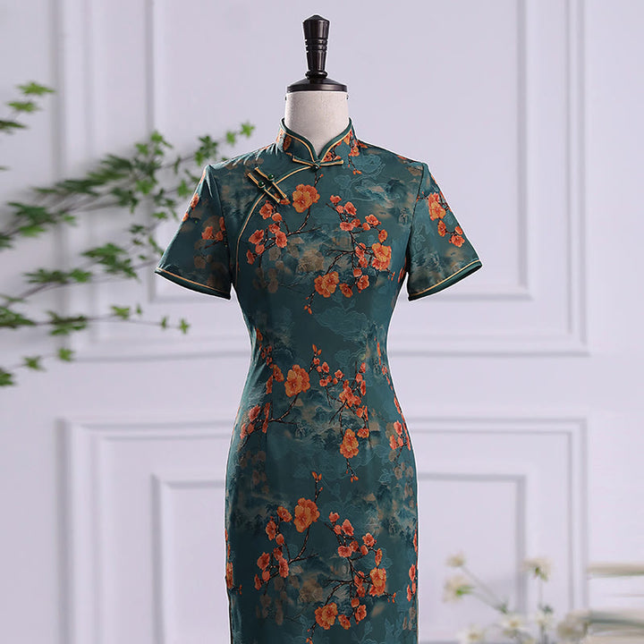 Abito da donna in cheongsam con stampa di piume di peonia e fiori di loto retrò Buddha Stones - image 3